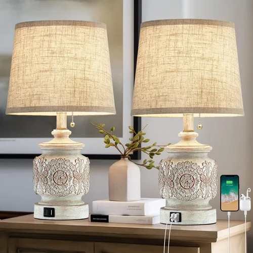Vista 8 de Juego de 2 lámparas de mesa de noche estilo granja de 19.5 pulgadas, lámparas rústicas para mesita de noche de dormitorio con puertos USB, lámparas