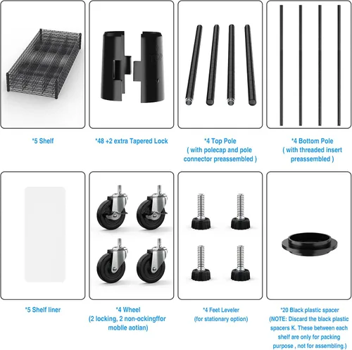 Vista 5 de Estantería de alambre de metal NSF de 5 niveles, capacidad de 6000 libras, estante de almacenamiento ajustable resistente con ruedas y Negro