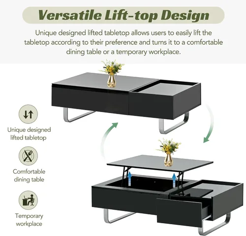 Vista 4 de LUMISOL Mesa de centro de alto brillo con mesa elevada, mesa de cóctel con patas de marco de metal para sala de estar, color negro