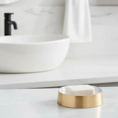 Vista 7 de Bandeja dispensadora de taza de jabón de oro cepillado dorado Draining soap bar holder, for bath and kitchen sink, countertop, modern decor, Gold
