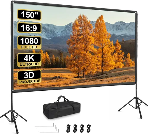Vista 9 de Pantalla de proyector con soporte, soporte de pantalla de proyector portátil de 100 pulgadas con barra de cuerda elástica, para interiores