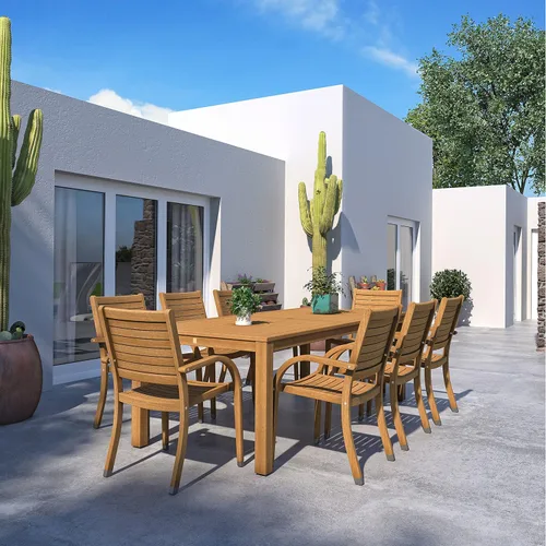 Vista 23 de Brampton Patio Brampton Coventry - Juego de comedor rectangular de 5 piezas, acabado de teca oscura y sillas apilables, ideal para patio y exteriores