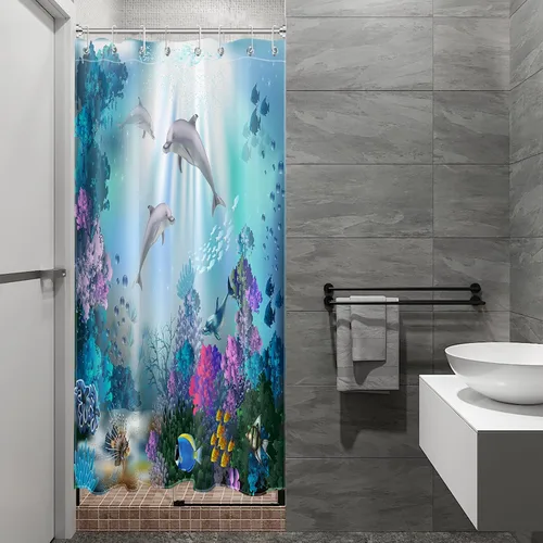 Vista 4 de Dolphin - Cortina de ducha pequeña de 48 x 68 pulgadas, forro de cortina de ducha de tamaño medio océano azul, cortina de ducha estrecha de peces
