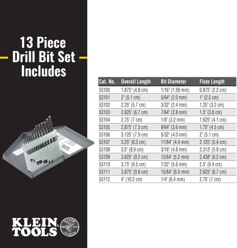 Vista 2 de Klein Tools 53002 Juego de brocas de punta regular, 13 piezas, fabricado en Estados Unidos