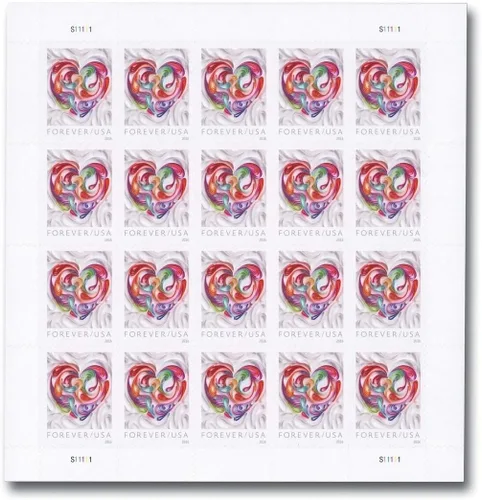 Vista 3 de Hoja de 20 estampillas postales Heart Forever en papel filigrana