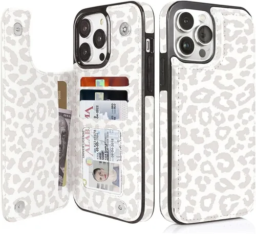 Vista 10 de uCOLOR - Funda tipo cartera para iPhone 15 con tarjetero y diseño de lunares con leche de almendra Bloqueo RFID de piel sintética para mujeres