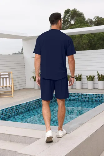 Vista 3 de Lexiart Conjunto de 2 piezas para hombre, chándal casual, pantalones cortos de verano, conjunto deportivo de manga corta de gran