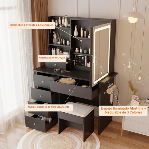 Vista 2 de DYHOME Escritorio de maquillaje con espejo de luces LED, 3 modos ajustables y tomas de corriente, mesa de tocador con 6 cajones y banco, escritorio