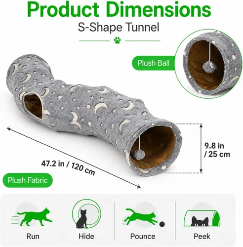 Vista 4 de Túnel Tubo para Gatos con Juguetes de Pelotas de Felpa Plegable Auto-Luminoso Fotoluminiscencia, para Mascotas Pequeñas Conejitos Conejos, Gatitos