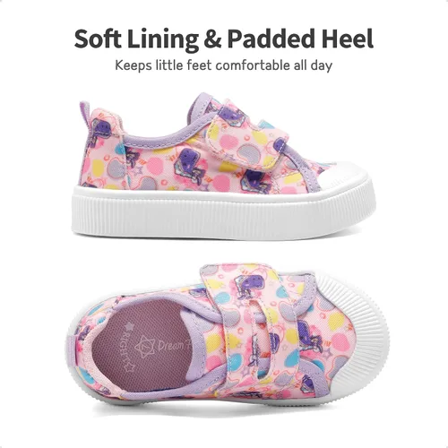 Vista 5 de DREAM PAIRS Zapatos deportivos de lona de dibujos animados para niños y niñas, zapatos de lona con gancho y bucles, zapatos casuales para caminar