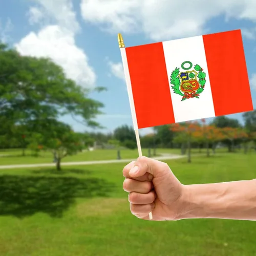 Vista 6 de QQSD Mini banderas de mano con bandera peruana de Perú, poste de madera maciza con punta de lanza, paquete de 12