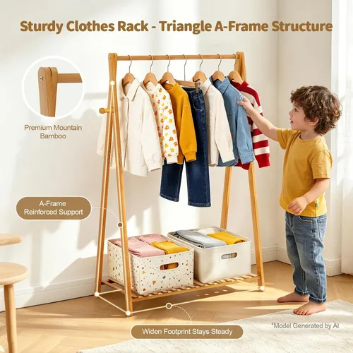 Vista 5 de Percheros Pequeños para Colgar Ropa, Percheros de Bambú para Prendas de Niños, Perchero Independiente para Vestidos y Trajes para Dormitorio, Sala