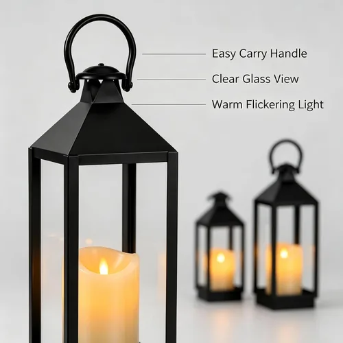 Vista 6 de 2 Pack Black Decorative Lantern Set 17 Inch and 13 Inch Metal Frame Lanterns with LED Flickering Candles for Indoor Outdoor Home Patio Decor