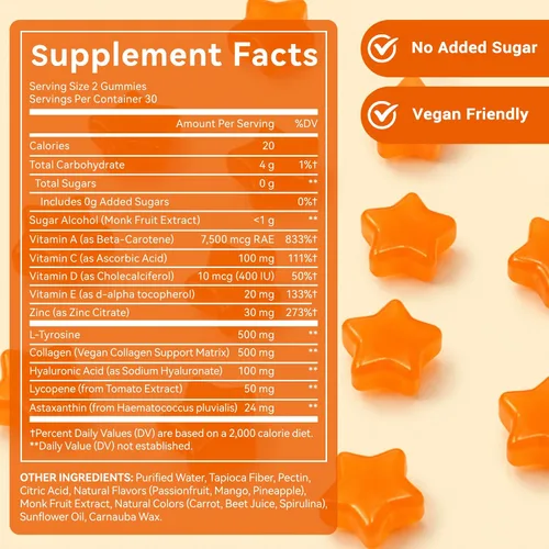 Vista 9 de Gomitas bronceadoras, suplemento de bronceado sin sol para mujeres y hombres, con beta-astaxantina, caroteno, licopeno, colágeno y vitaminas