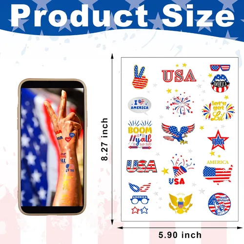 Vista 2 de 64 PIEZAS 4 Hojas Juego de Tatuajes Temporales del 4 de Julio, Decoraciones Patrióticas para Fiestas de Cara y Cuerpo, Calcomanías de Tatuajes