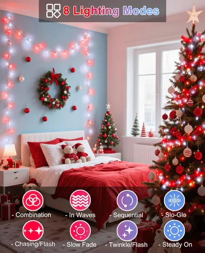 Vista 2 de Tira de luces LED de Navidad de 40 pies para exteriores, luces rojas y blancas de Navidad impermeables, 8 modos y temporizador, luces de árbol