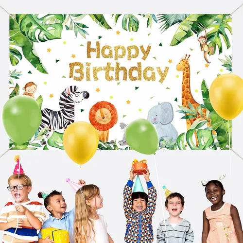 Vista 6 de Suministros para fiesta de cumpleaños de safari con temática de animales de la selva, telón de fondo, zoológico, animales, decoraciones de fiesta