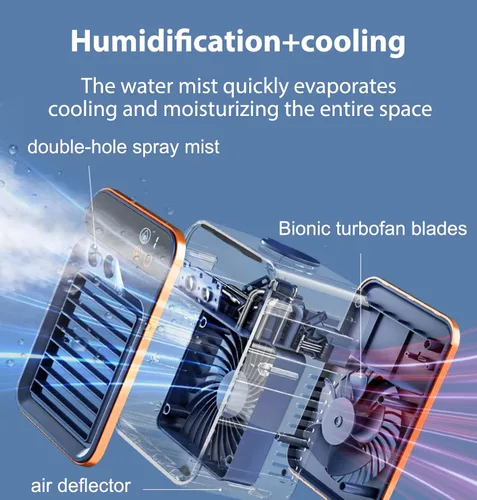 Vista 3 de Aire acondicionado portátil recargable de oficina en tres velocidades y velocidad de pulverización, ventilador de enfriamiento evaporativo portátil