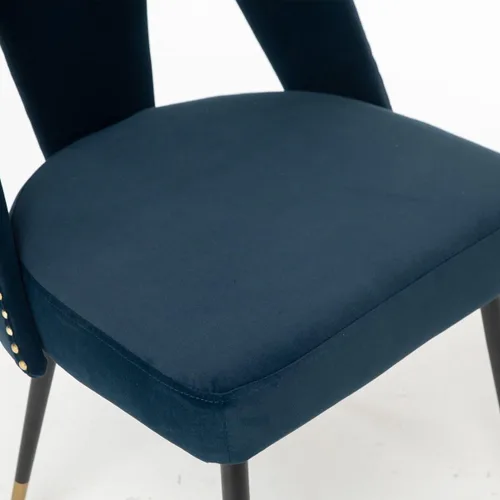 Vista 6 de Silla de comedor tapizada de terciopelo con patas de metal y respaldo abierto, decoración de remaches, silla auxiliar contemporánea, para comedor