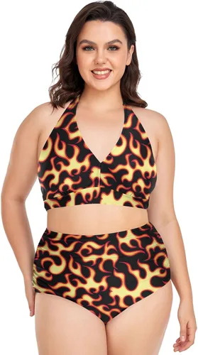 Vista 14 de Bikini de 2 piezas para mujer, talla grande, cintura alta, cuello halter, fruncido, control de abdomen Murciélagos Cruces Estrellas