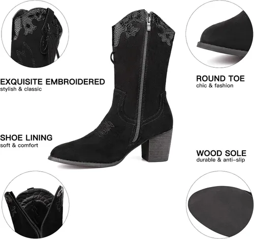 Vista 5 de SHIBEVER Botas vaqueras vaqueras para mujer botas occidentales negras para mujer, tacón alto, gamuza, cremallera, media pantorrilla