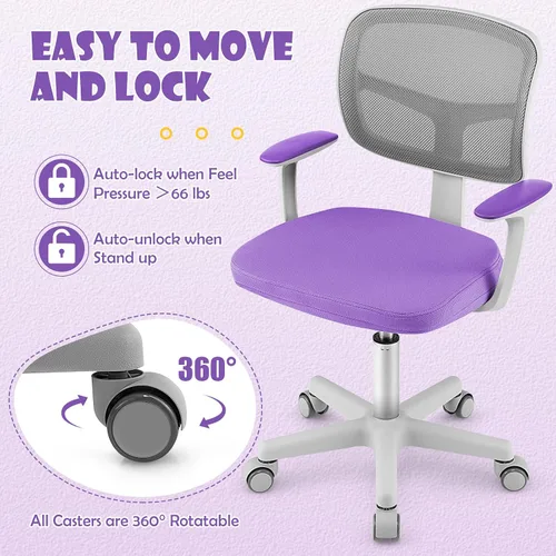 Vista 7 de GLACER - Silla de escritorio para niños, silla de estudio de malla ajustable con ruedas (morado) Swivel Ergonomic Computer Task Chair with Arms