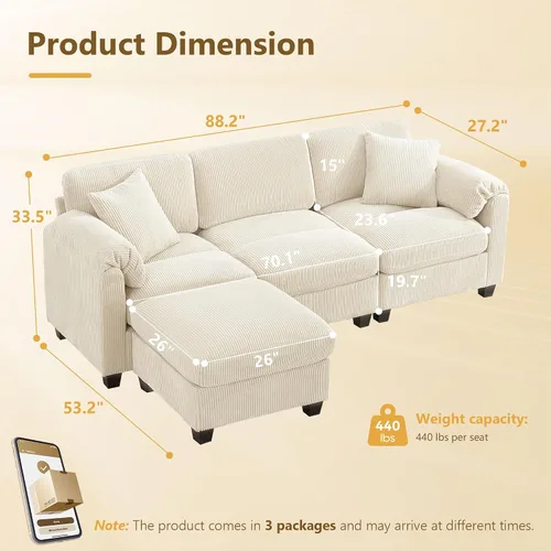 Vista 2 de Sofá modular modular con otomana, sofá de pana de 3 plazas con 2 almohadas, sofá de asiento profundo en forma de L de 88.2 pulgadas con cojín Beige