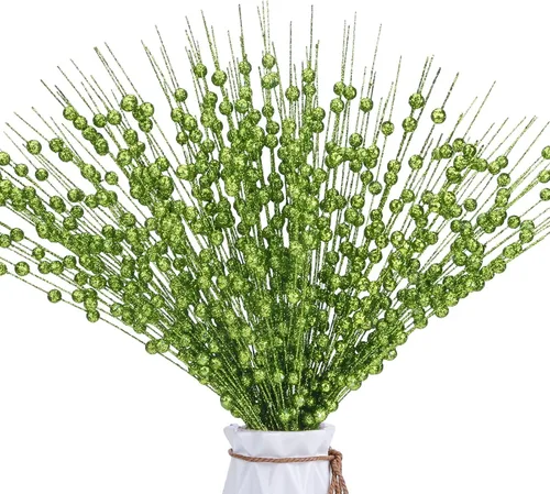 Vista 12 de 12 piezas de bayas artificiales con purpurina rosa, púas artificiales de Navidad con tallos de bayas para decoraciones de Navidad, palos falsos