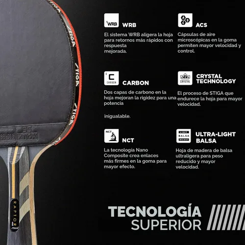 Vista 4 de STIGA Pro Carbon + Raptor Performance-Level Table Tennis Rackets with Carbon Technology for Tournament Play - 7-ply Blade with Flared Handles - 2mm