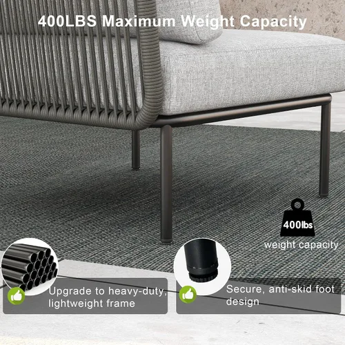 Vista 5 de LayinSun Juego de muebles de patio de aluminio de 7 piezas, sofá modular moderno con mesa auxiliar y cojín de grosor mejorado Gris claro