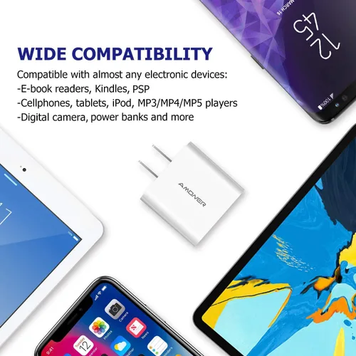 Vista 7 de Cargador de pared USB, Amoner Pack de 2 de 15W con 3 puertos USB, bloque de carga en forma de cubo para iPhone 14/13/12/11/X/XR/X/8/7/6, Galaxy