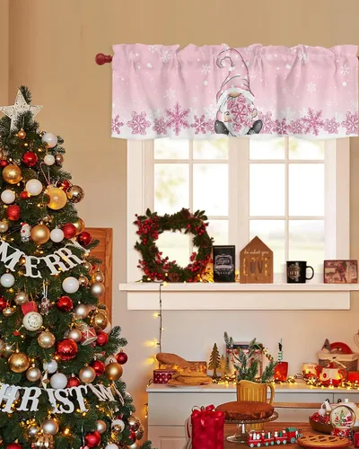 Vista 85 de Cenefa de cortina con lazo rojo de Navidad para ventanas, sala de estar, cocina, baño, granja, bolas de Navidad de acuarela con diseño de bayas