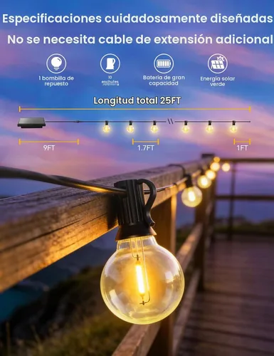 Vista 2 de Brightever Luces de Cadena Solares de 25 Pies para Exteriores Impermeables, Luces Solares G40 con Control Remoto y 10+1 Bombillas Globo LED