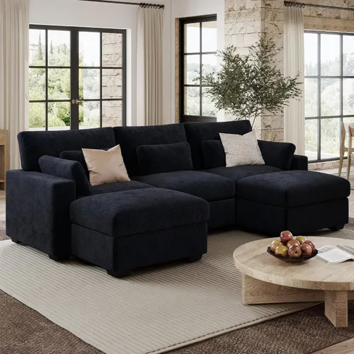 Vista 20 de Sofá modular de 146.5 pulgadas, sofás extra profundos en forma de U para sala de estar, sofá de felpilla de 4 asientos con patas de madera, otomana