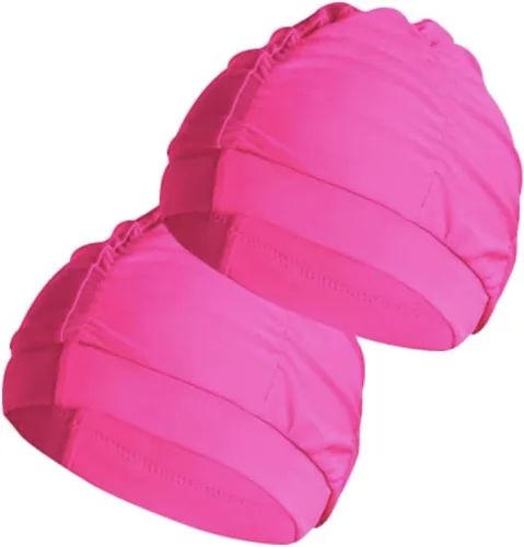 Vista 4 de 2 gorras de natación de tela para mujer, tela duradera, no impermeable, elástica, gorra de baño para cabello largo