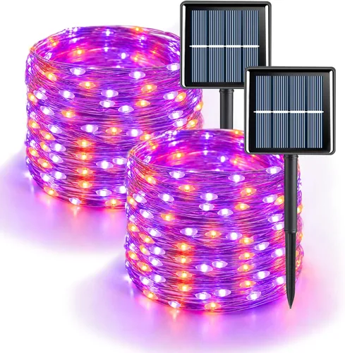 Vista 9 de QITONG Luces solares de Navidad multicolor para exteriores, paquete de 2 unidades de 200 luces LED solares de 66 pies cada uno, alambre plateado