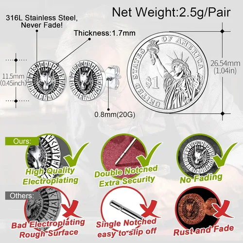 Vista 4 de FaithHeart Aretes de tuerca vikingos nórdicos para hombres y mujeres, de acero inoxidable, con diseño de valknutbrújulanudo celtacabeza de lobo