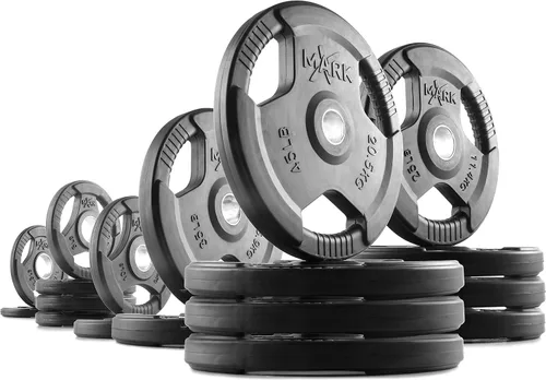 Vista 11 de XMARK TRI-GRIP - Par o juego de discos de peso olímpicos, pesas de ejercicio con revestimiento de goma para barra olímpica, juego de pesas de 01)
