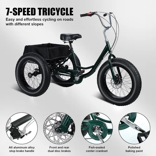Vista 8 de Triciclo para adultos, bicicleta todoterreno de 3 ruedas con neumáticos gruesos de 20 pulgadas, 7 velocidades de alta resistencia y capacidad de 450