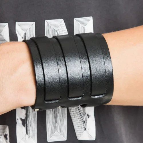 Vista 5 de HZMAN Brazalete ancho de cuero para hombre con triple correa de guantelete con hebilla de sujeción