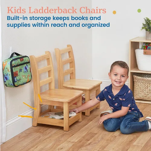 Vista 4 de ECR4Kids Silla de escalera de tres peldaños con almacenamiento, altura del asiento de 10 pulgadas, asiento de aula, natural, paquete de 2