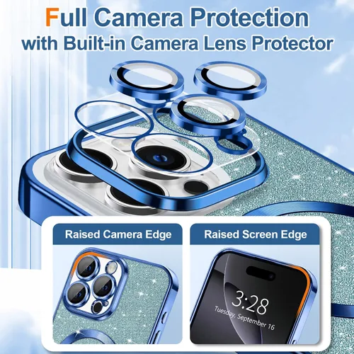 Vista 9 de Hython para iPhone 15 Plus Funda con chispas brillantes, Fundas transparentes magnéticas con protector de lente de cámara [Compatible con MagSafe]