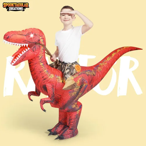 Vista 2 de Spooktacular Creations Disfraz inflable de dinosaurio para niños, ojos con luz LED, impresión digital, disfraz inflable de T-rex