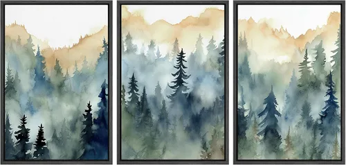 Vista 114 de MUDECOR Lienzo enmarcado para pared, juego de arte de acuarela pastel, bosque de pinos, naturaleza silvestre, ilustraciones modernas, decorativas