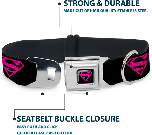 Vista 4 de buckle-down 9 – 15" Superman Escudo Negro/caliente Rosa Perro Cuello, pequeñas