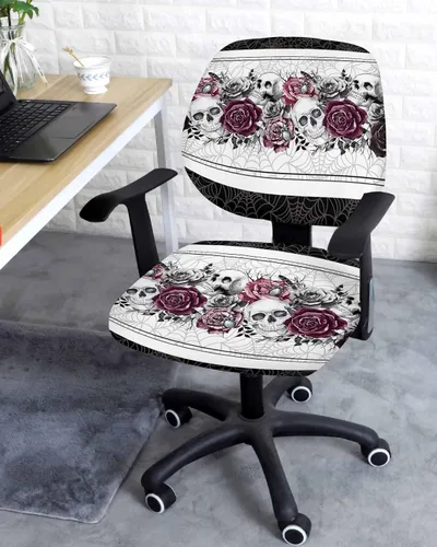 Vista 3 de Funda para silla de oficina, calavera de Halloween con rosa roja y negra, fundas para silla de oficina, funda elástica universal para silla