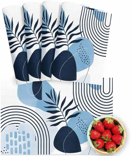 Vista 8 de Juego de 4 manteles individuales bohemios con hojas tropicales, de cloruro de polivinilo lavable, color azul, arte abstracto de siglo medio, plantas