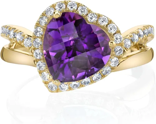 Vista 2 de Peora Anillo de corazón inclinado de amatista para mujer, oro amarillo de 14 quilates, piedra preciosa natural, forma de corazón de 2.25 quilates