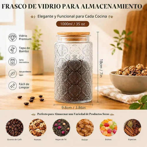 Vista 4 de Custde Tarros de almacenamiento de vidrio con tapa hermética, recipiente de 35 onzas para encimera de cocina con tapa de bambú, azúcar morena
