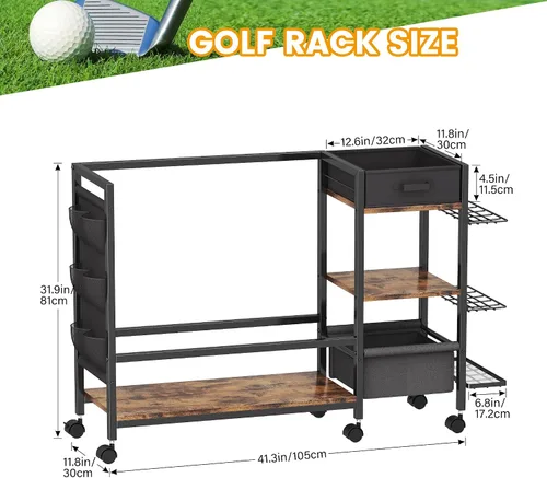 Vista 7 de Organizador de almacenamiento de bolsa de golf para garaje, organizador de golf con estante de golf adicional y bolsa lateral de tela para 20 palos